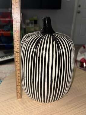 Rare Black And White Adam’s Family Theme Striped Ceramic Pumpkin Decor